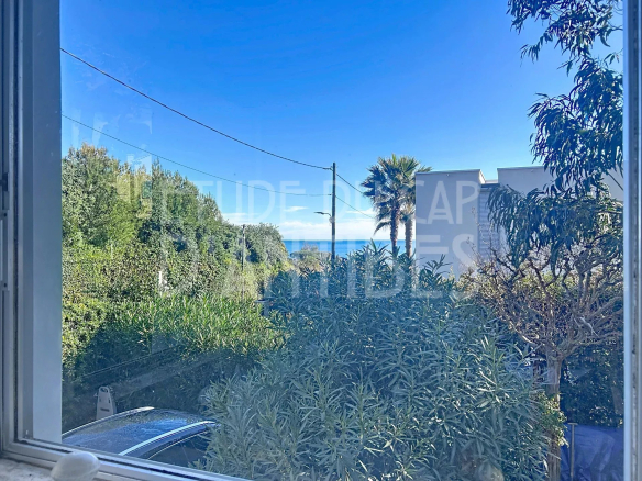 View from a window overlooking a garden with trees and the sea in the distance, near Cap d'Antibes.