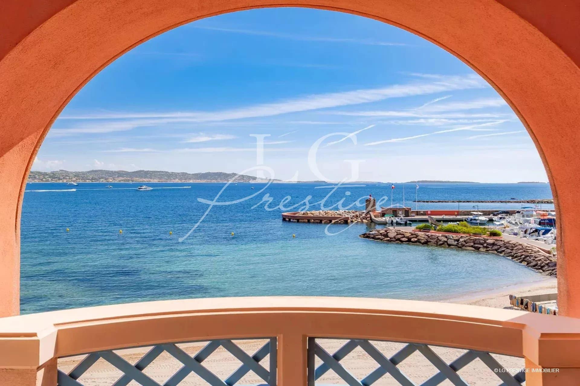 Panoramic sea view from an apartment terrace in Théoule-sur-Mer.