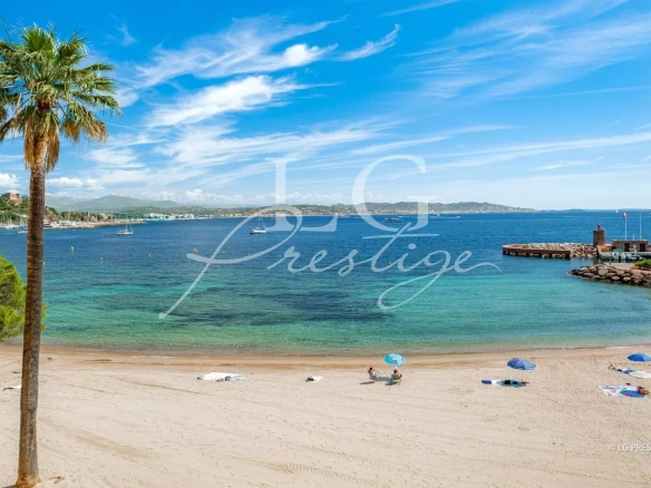 Beach at Théoule-sur-Mer with a view of the sea and palm trees in the foreground.