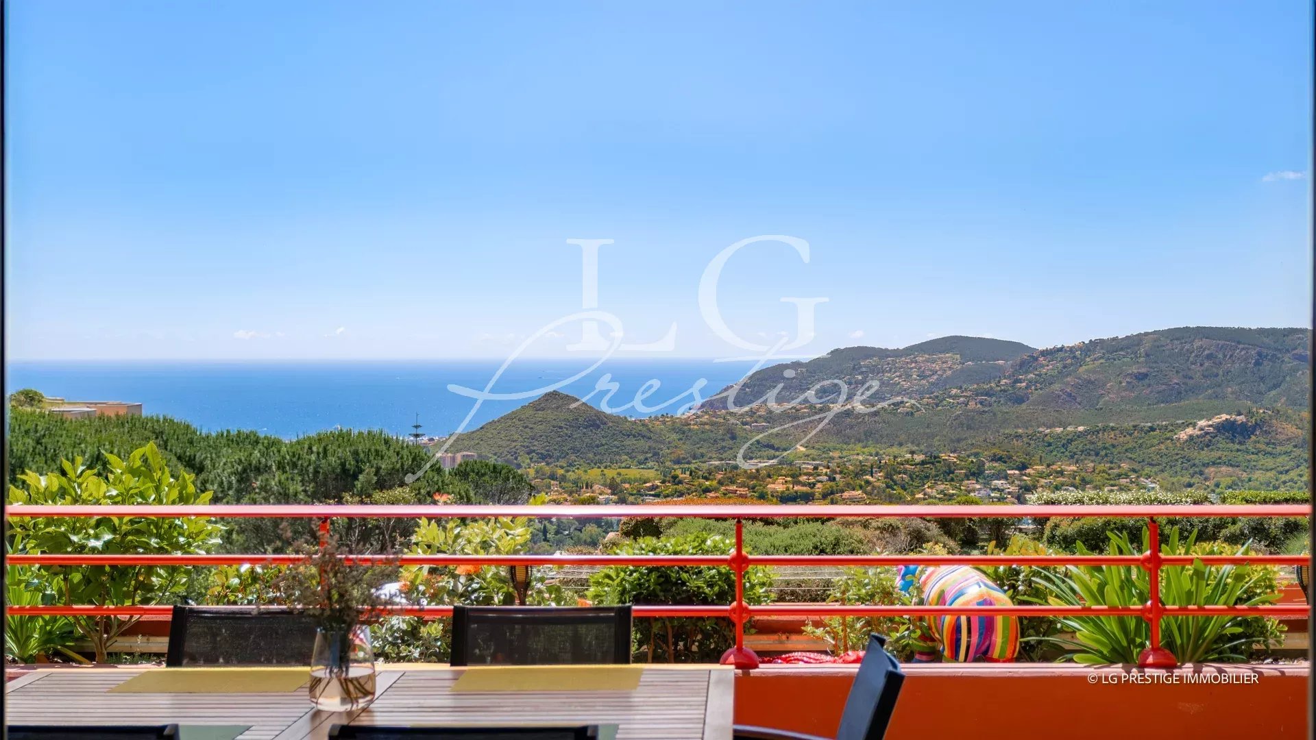 Panoramic view of the sea and the Esterel massif from a terrace in Mandelieu-la-Napoule.