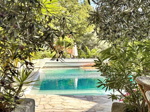 Vue d'une piscine entourée de végétation méditerranéenne à Montauroux.