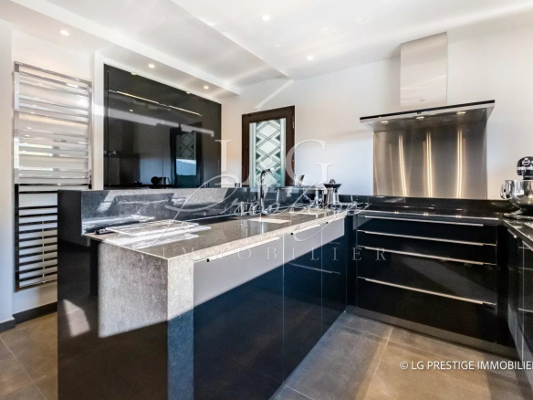 Cuisine moderne avec plan de travail en granite et équipements haut de gamme dans une villa contemporaine.