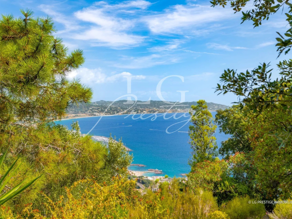 Panoramic sea view from an estate in Théoule-sur-Mer, with trees in the foreground.