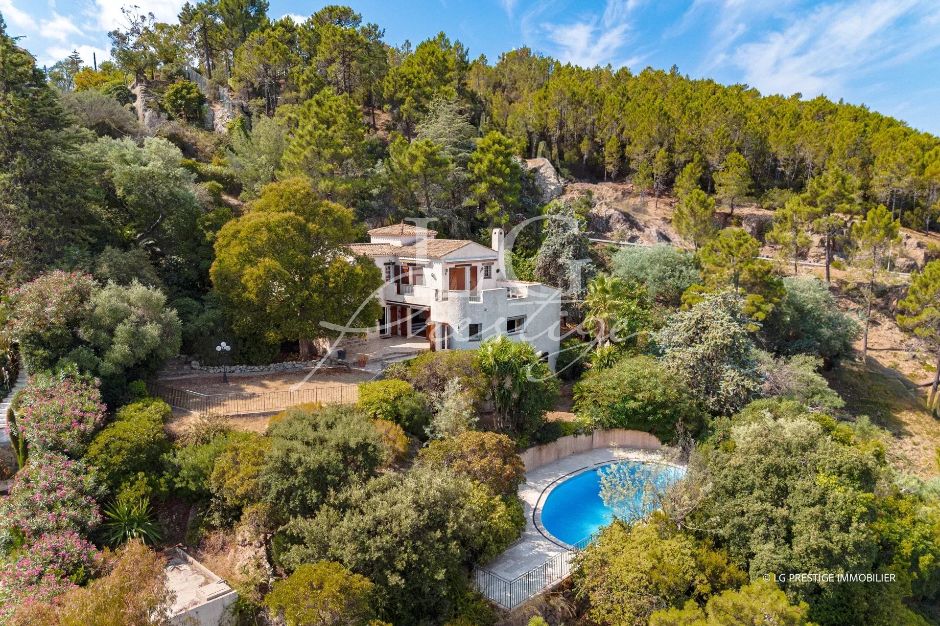 Villa with swimming pool on wooded grounds in Théoule-sur-Mer, 180-degree sea view.