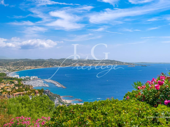 Panoramic sea view from Théoule-sur-Mer, with hills and flowers in the foreground.