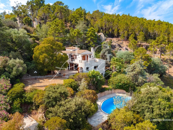 Villa avec piscine et vue mer à 180° à Théoule-sur-Mer, entourée de végétation.