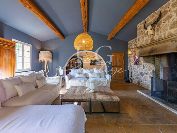 Interior of a Provençal villa with a bright living room, fireplace and exposed beams.