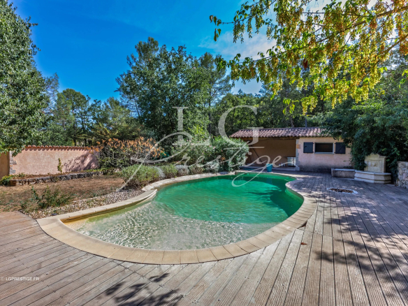 Piscine entourée de bois et de verdure dans un jardin paysager à Fayence.