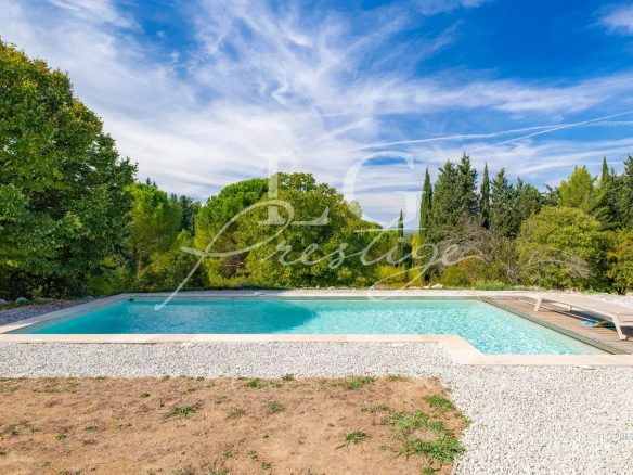 View from the swimming pool of a contemporary villa in Montauroux, surrounded by greenery.