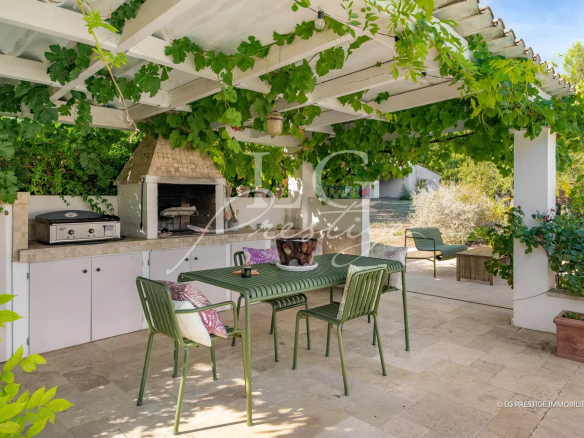 Terrasse extérieure avec barbecue et mobilier en Provence, entourée de verdure.