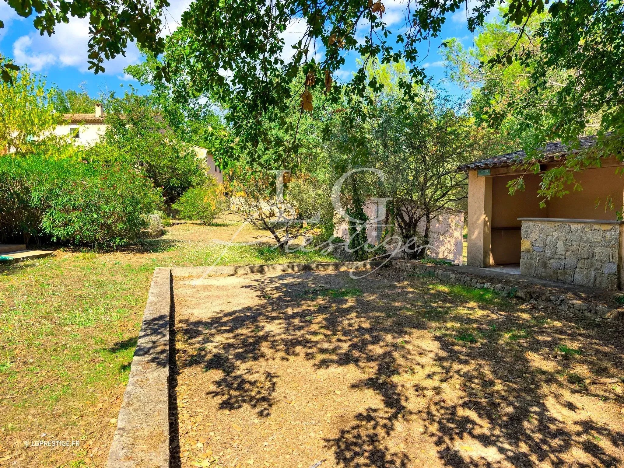 Jardin paysager d'une bastide provençale à Fayence, avec allée bordée d'arbres et espace dégagé.