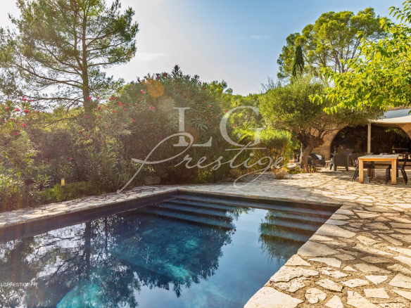 Swimming pool of a Provençal villa in Seillans, surrounded by greenery and a sunny outdoor area.