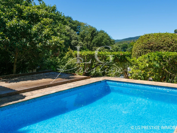 View from the swimming pool of a villa with a green garden in Mandelieu-la-Napoule.