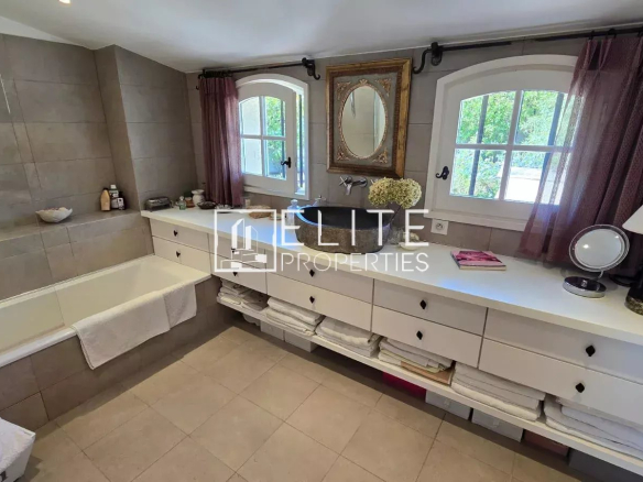 Modern bathroom with bathtub, storage unit and small-paned windows.