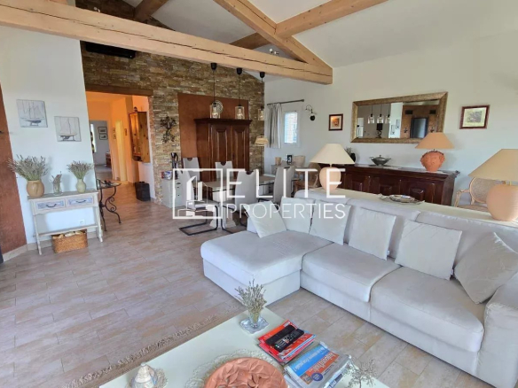 Intérieur d'une maison de plain-pied avec salon lumineux et cheminée, mobilier moderne.