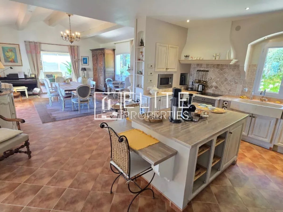 Intérieur d'une maison spacieuse avec cuisine ouverte et salon, décoré avec goût.