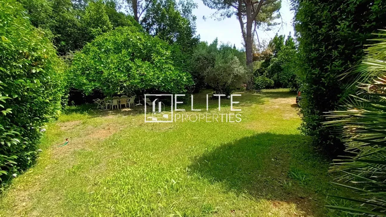 Jardin d’une maison à rénover à Mougins Jardin arboré d'une maison de plain-pied à Mougins, avec pelouse et arbres.