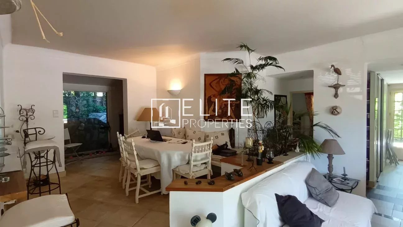 Intérieur d’une maison à Mougins Intérieur d'une maison de plain-pied à Mougins, salon lumineux avec mobilier et plantes.