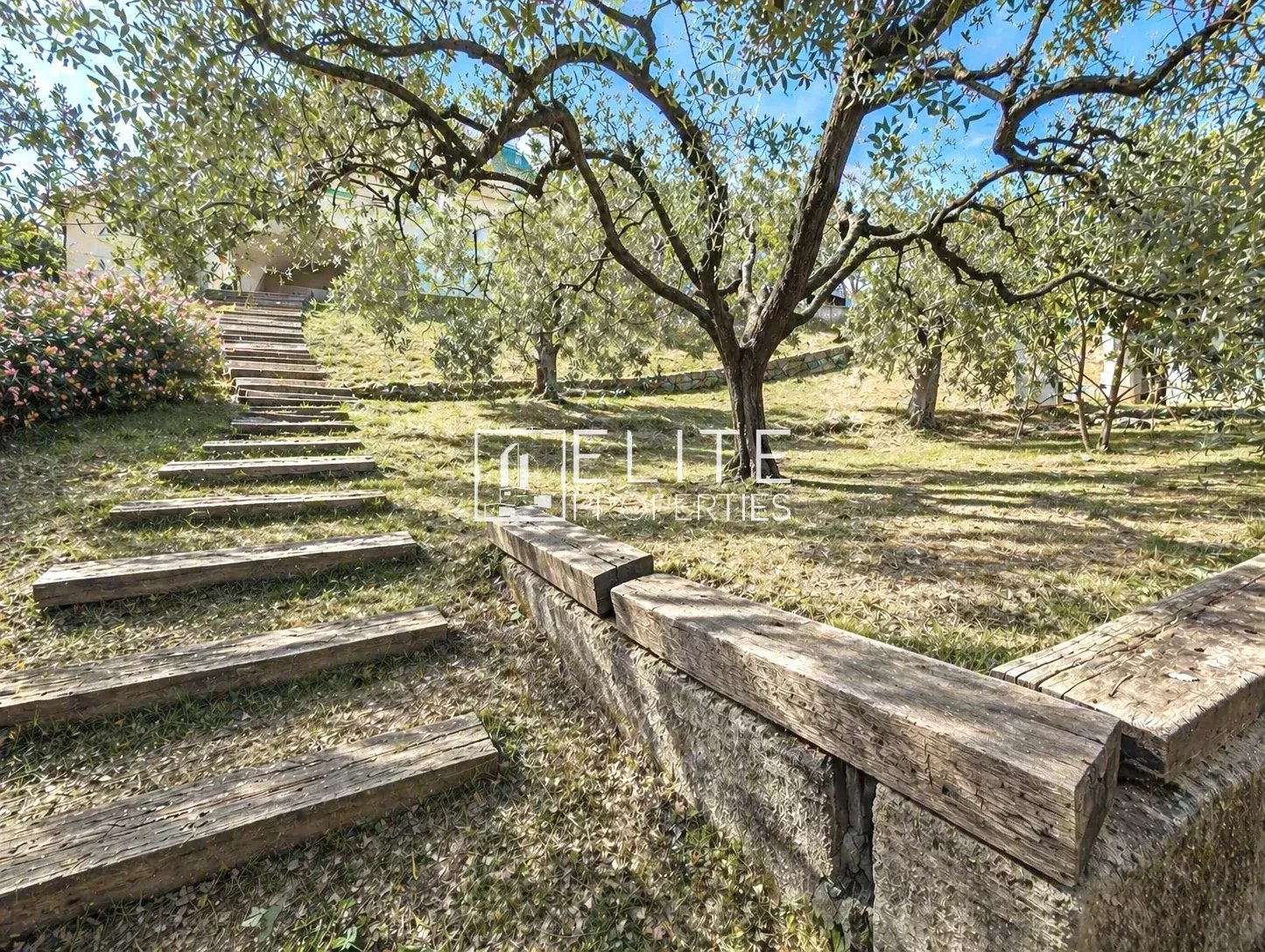 Garden of the house in La Roquette-sur-Siagne Garden with wooden stairs leading to a house, surrounded by trees and greenery in La Roquette-sur-Siagne.