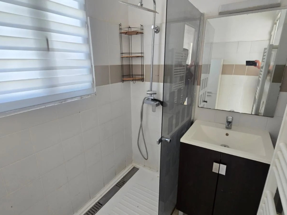Salle de bain avec douche et lavabo dans une maison à Théoule-sur-Mer.
