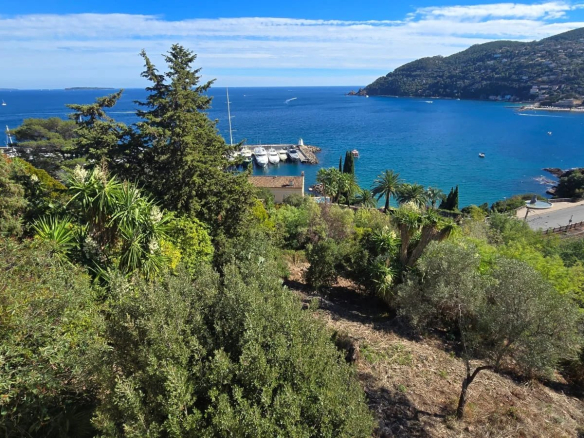 Vue panoramique sur la mer depuis un terrain en pente à Théoule-sur-Mer, avec des arbres et le port visible.