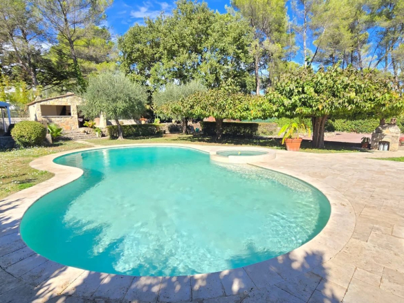 Piscine au sel entourée d'un jardin avec oliviers à Mouans-Sartoux.