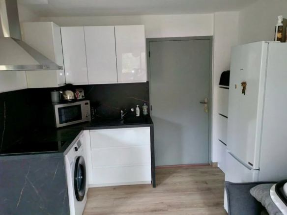Cuisine moderne avec électroménagers, incluant un lave-linge et un réfrigérateur.
