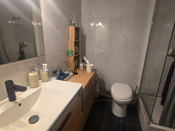 Salle de bain moderne avec douche, lavabo et toilettes.