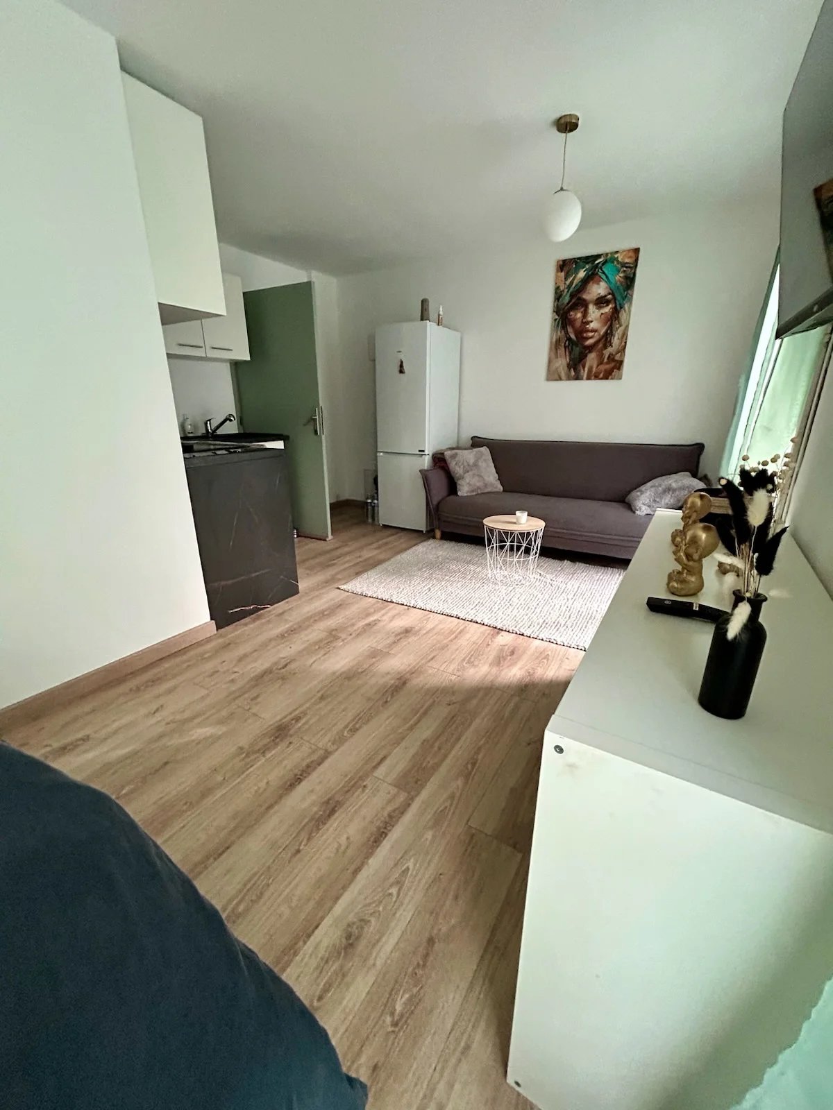 Intérieur d’un logement à Roquefort-les-Pins Intérieur d'un logement avec un salon, une cuisine et un réfrigérateur, Roquefort-les-Pins.