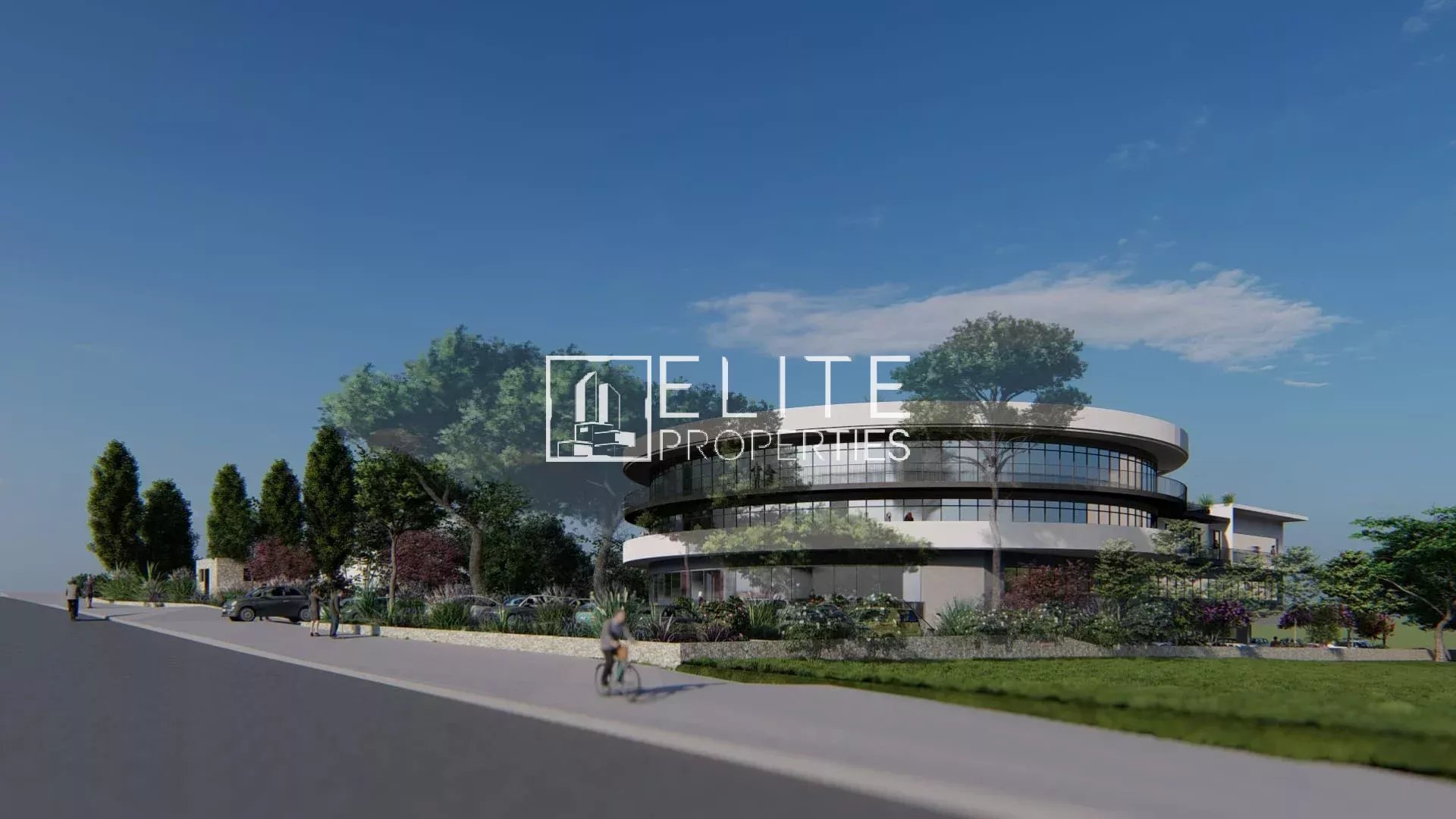 Vue d'un projet commercial à Grasse avec un bâtiment moderne et un espace vert.