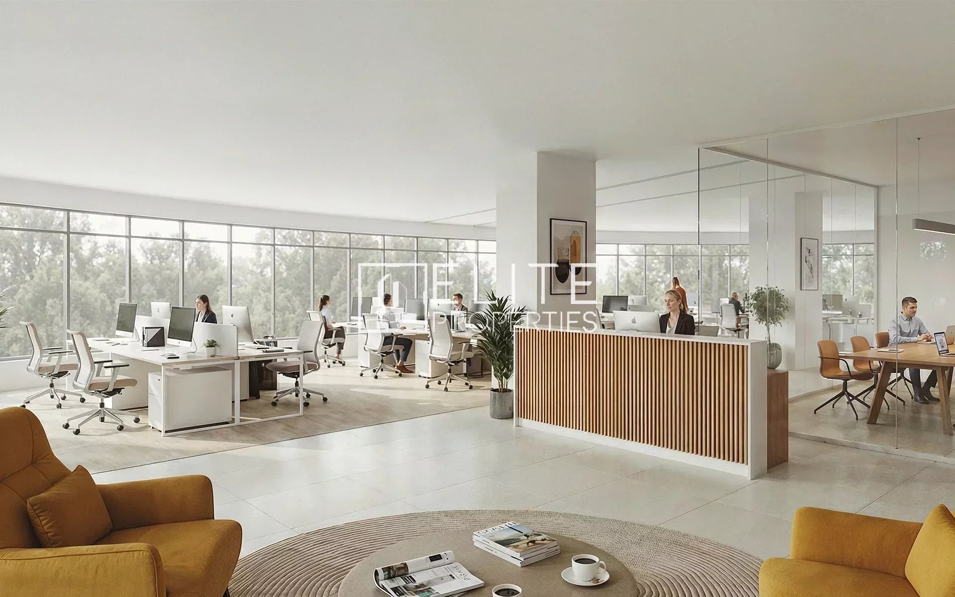 Intérieur d'un espace de travail moderne avec bureaux et réception.