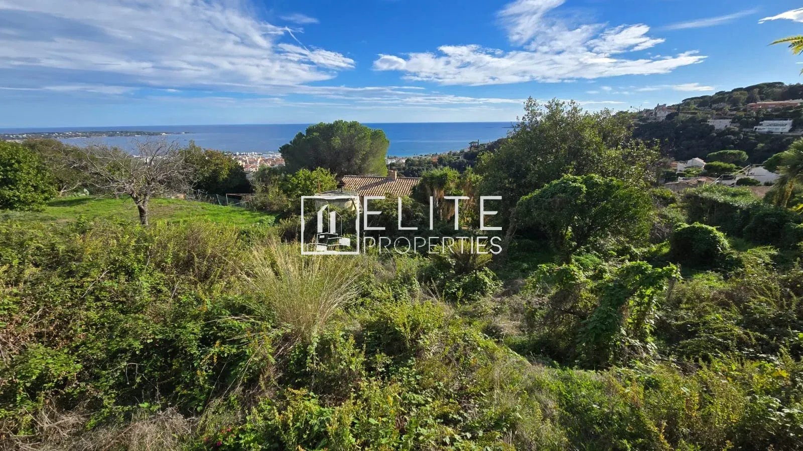 Maison individuelle à Vallauris avec vue mer Vue panoramique sur la mer depuis un terrain avec végétation à Vallauris.