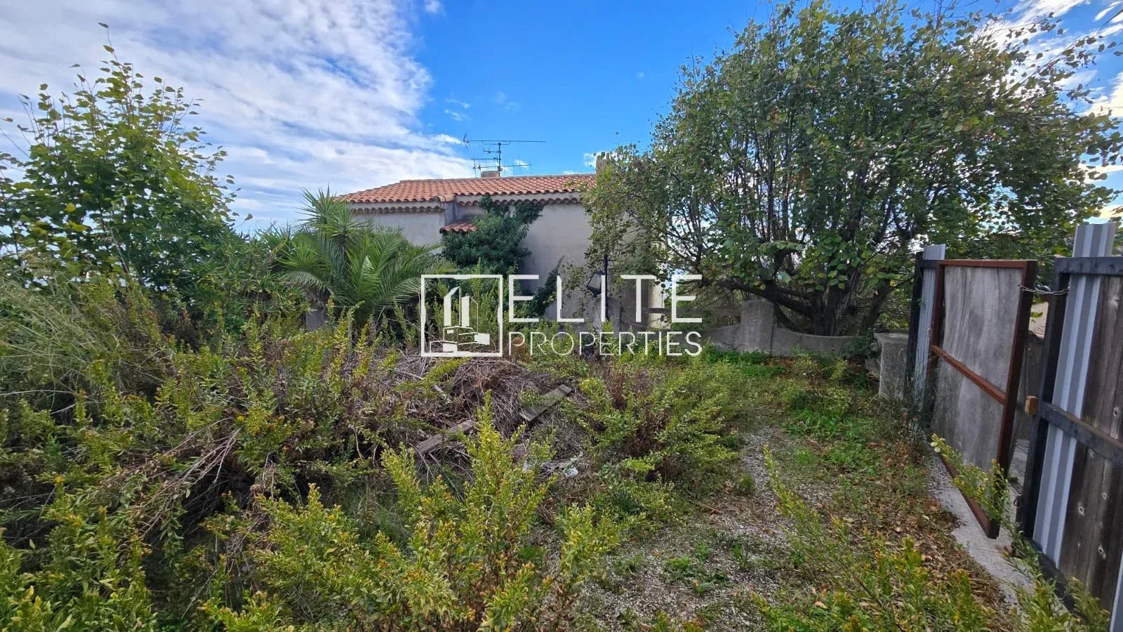Maison individuelle à rénover à Vallauris Terrain en friche avec végétation dense devant une maison abandonnée à Vallauris.