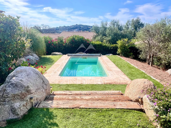 Residential backyard with a rectangular turquoise pool, stone surround, green lawn, and shrubs along a hedge under a blue sky.