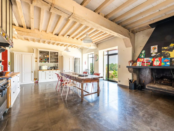 Intérieur d'une cuisine spacieuse avec table en bois, cheminée et grandes fenêtres donnant sur le jardin.