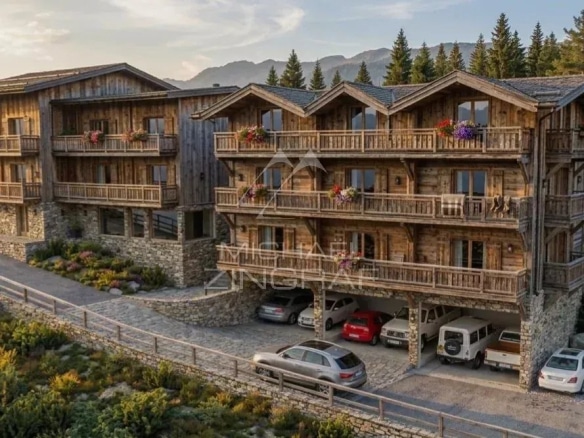 Wooden hotel with balconies, mountain views, located in Combloux, surrounded by greenery and cars.