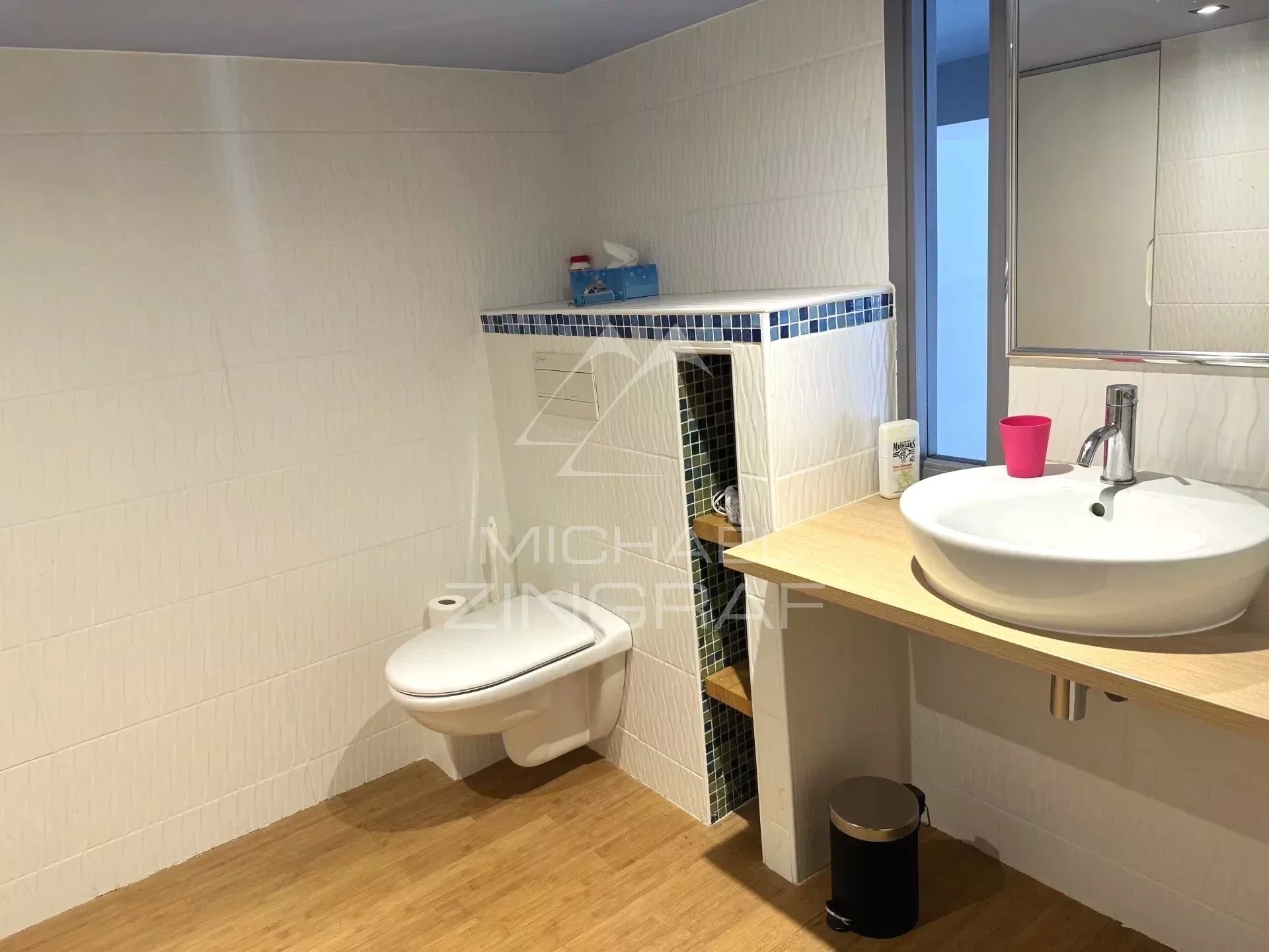 Modern bathroom with toilet and sink in a renovated loft in Lyon 6th arrondissement.