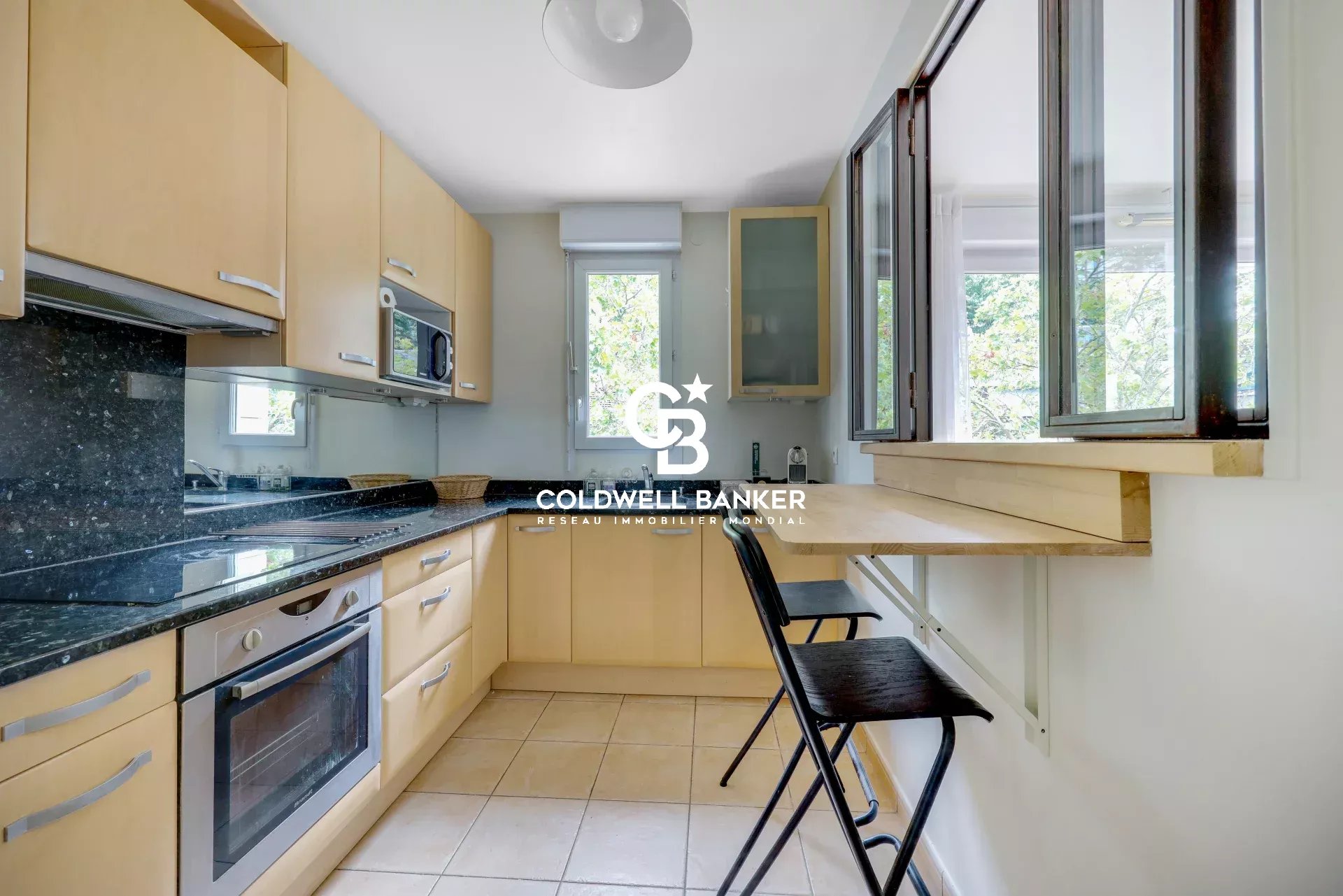 Modern kitchen in an apartment in Montrouge with counter and windows.