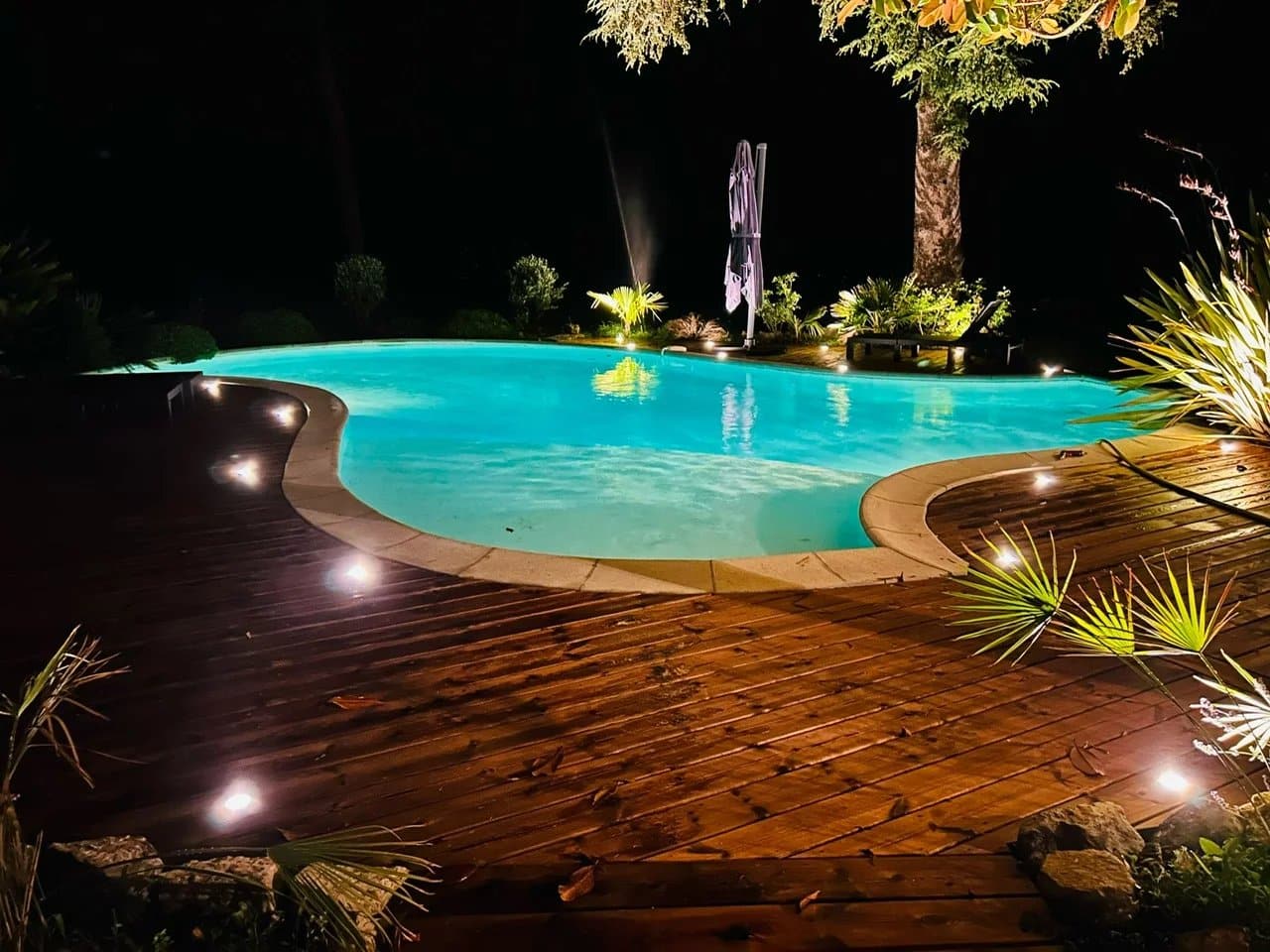 Piscine illuminée entourée de plantes et de bois, dans un jardin paysagé.