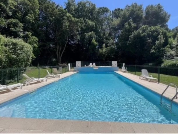 Swimming pool in a gated community in Cannes, surrounded by greenery and sun loungers.