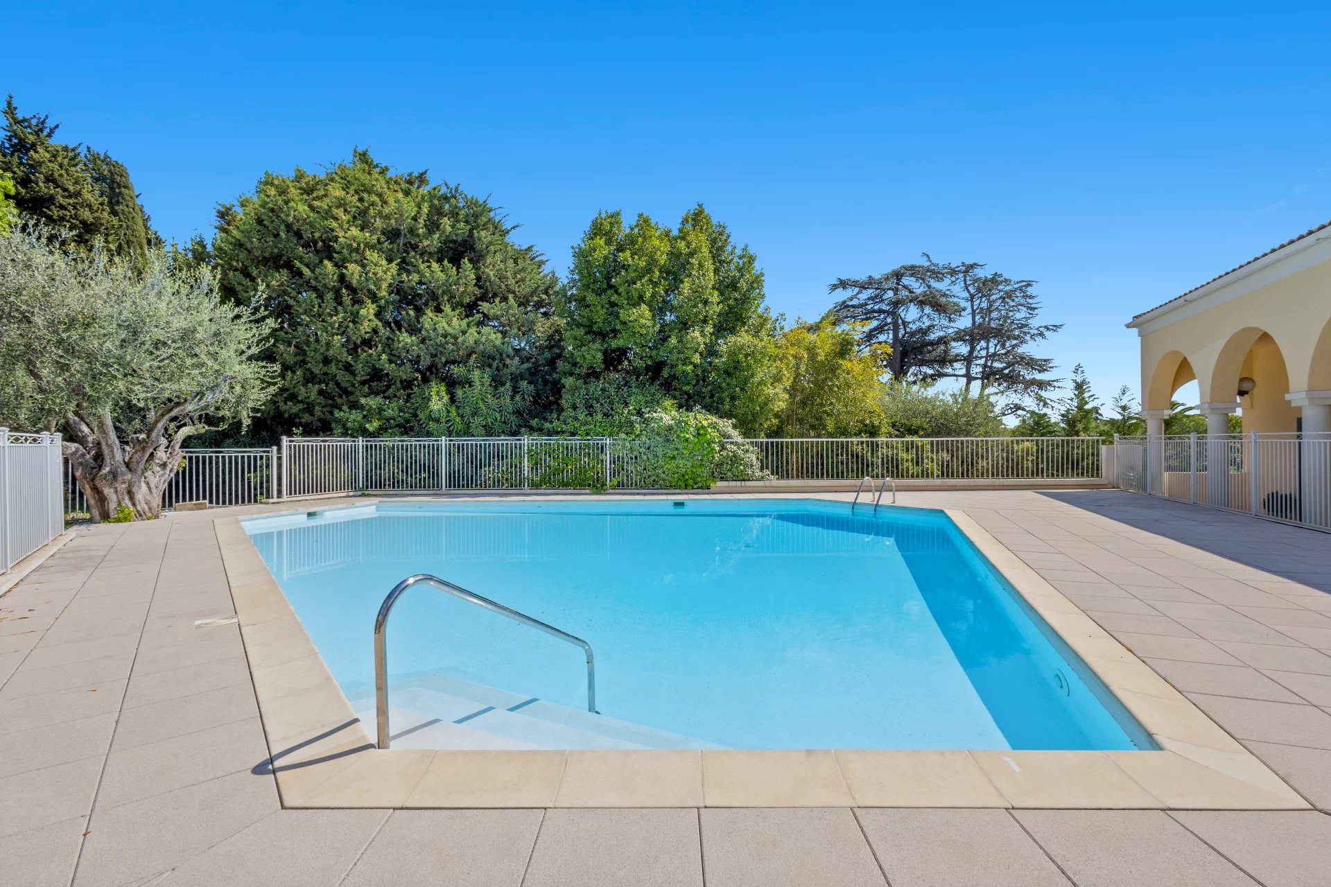 Piscine d'une résidence sécurisée à Cannes, entourée de verdure.