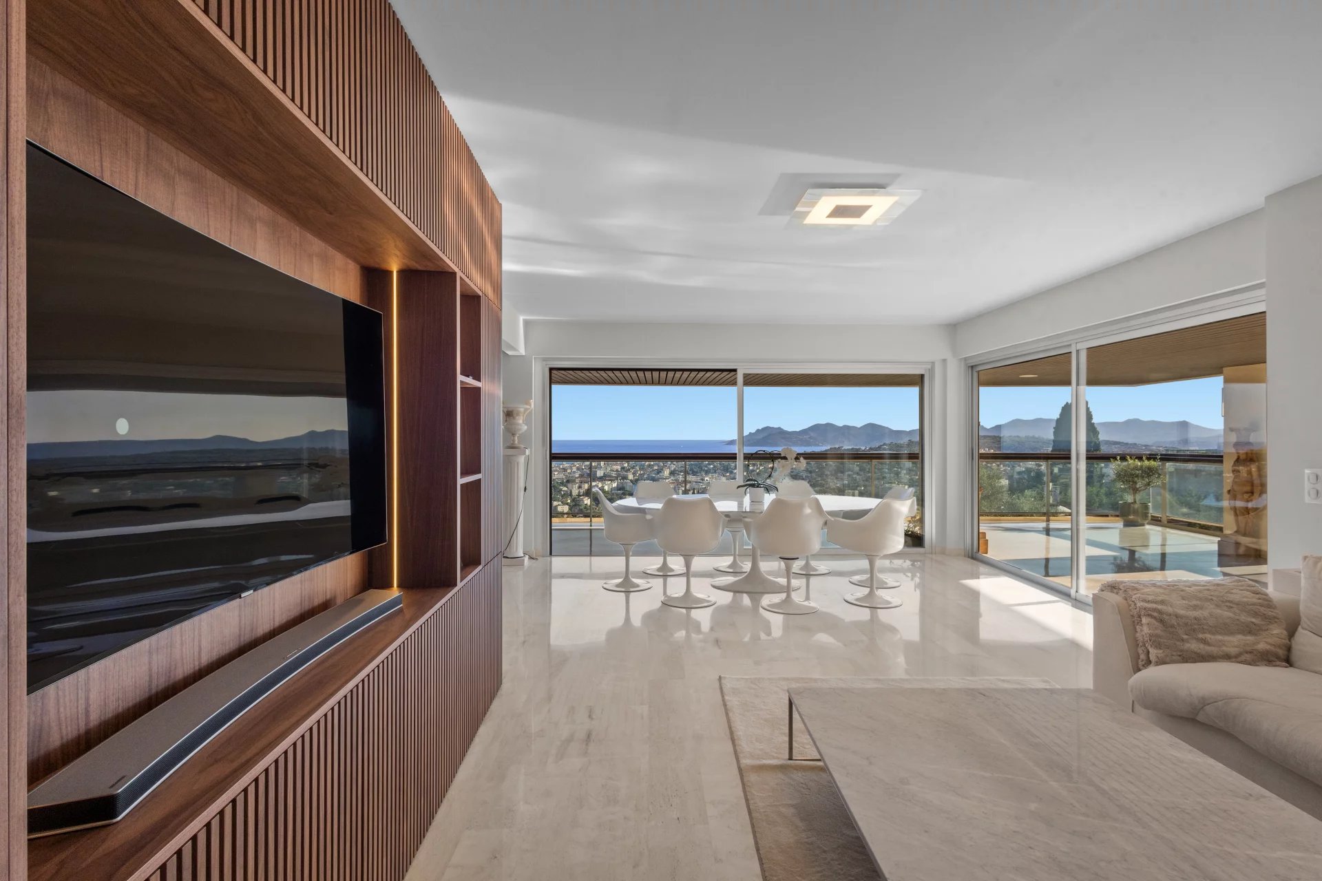 Interior of a modern apartment with panoramic views of the sea and mountains, Le Cannet.