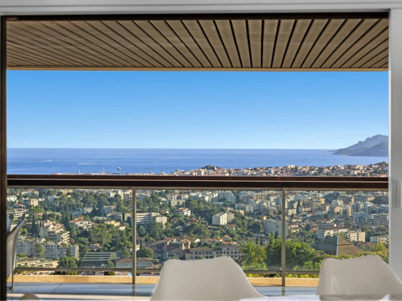 Panoramic view of the sea and the city from an apartment in Le Cannet.