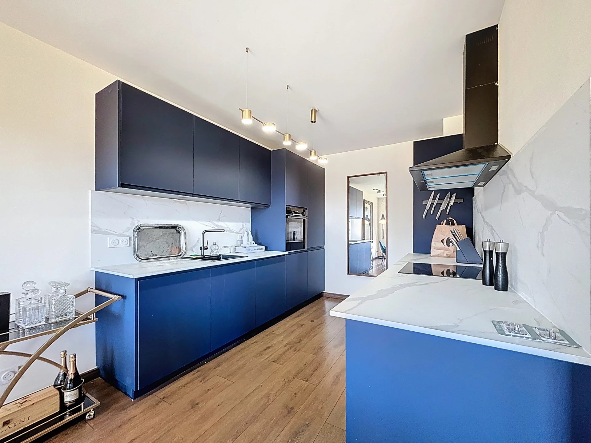 Kitchen of a duplex in Le Cannet Modern kitchen in a 195m2 duplex in Le Cannet, with blue furniture and marble worktop.