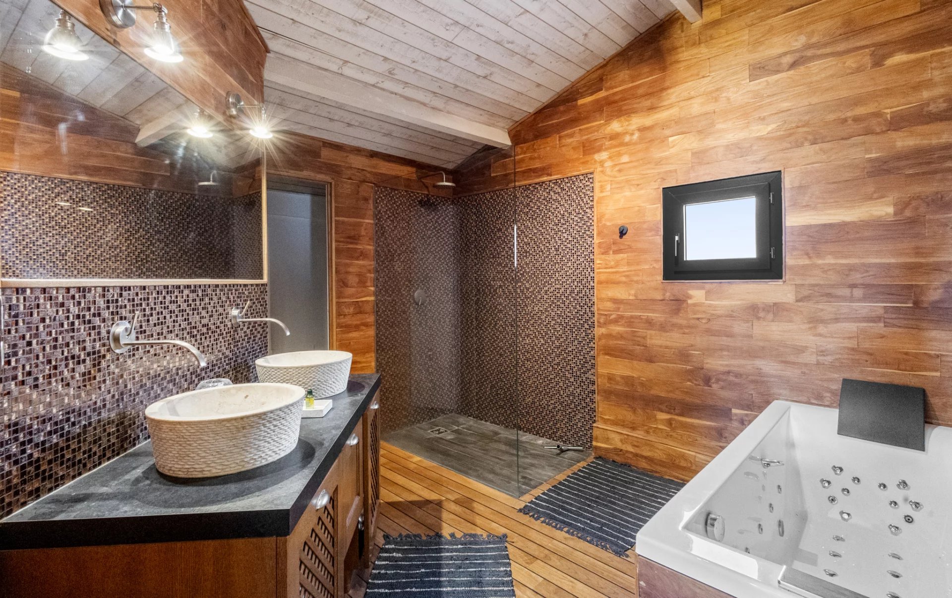 Contemporary bathroom Modern bathroom with double sink, walk-in shower and bathtub, wood decor.