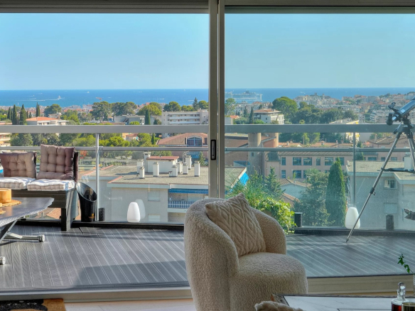 Panoramic sea view from a top floor apartment in Le Cannet.