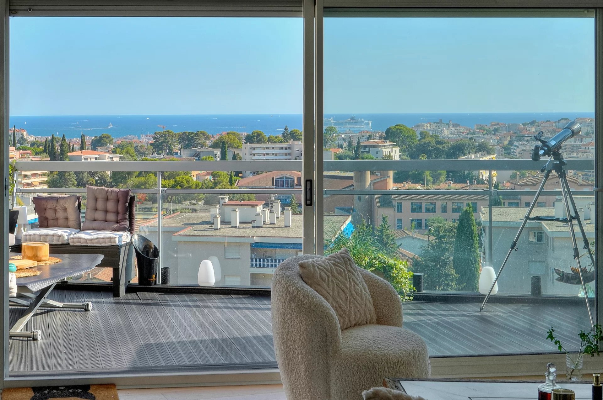 Panoramic sea view from a top floor apartment in Le Cannet.