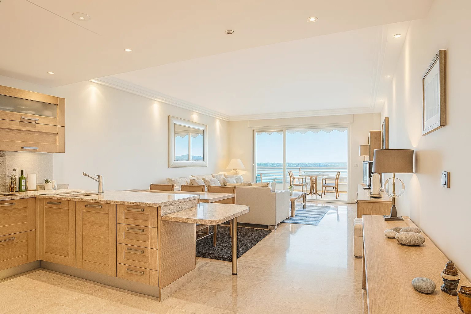 Bright coastal living space with a wood-kitchen island, beige cabinetry, and a seating area facing a balcony with ocean views.