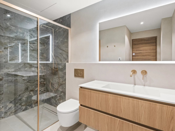 Salle de bain moderne avec douche en verre et meuble en bois