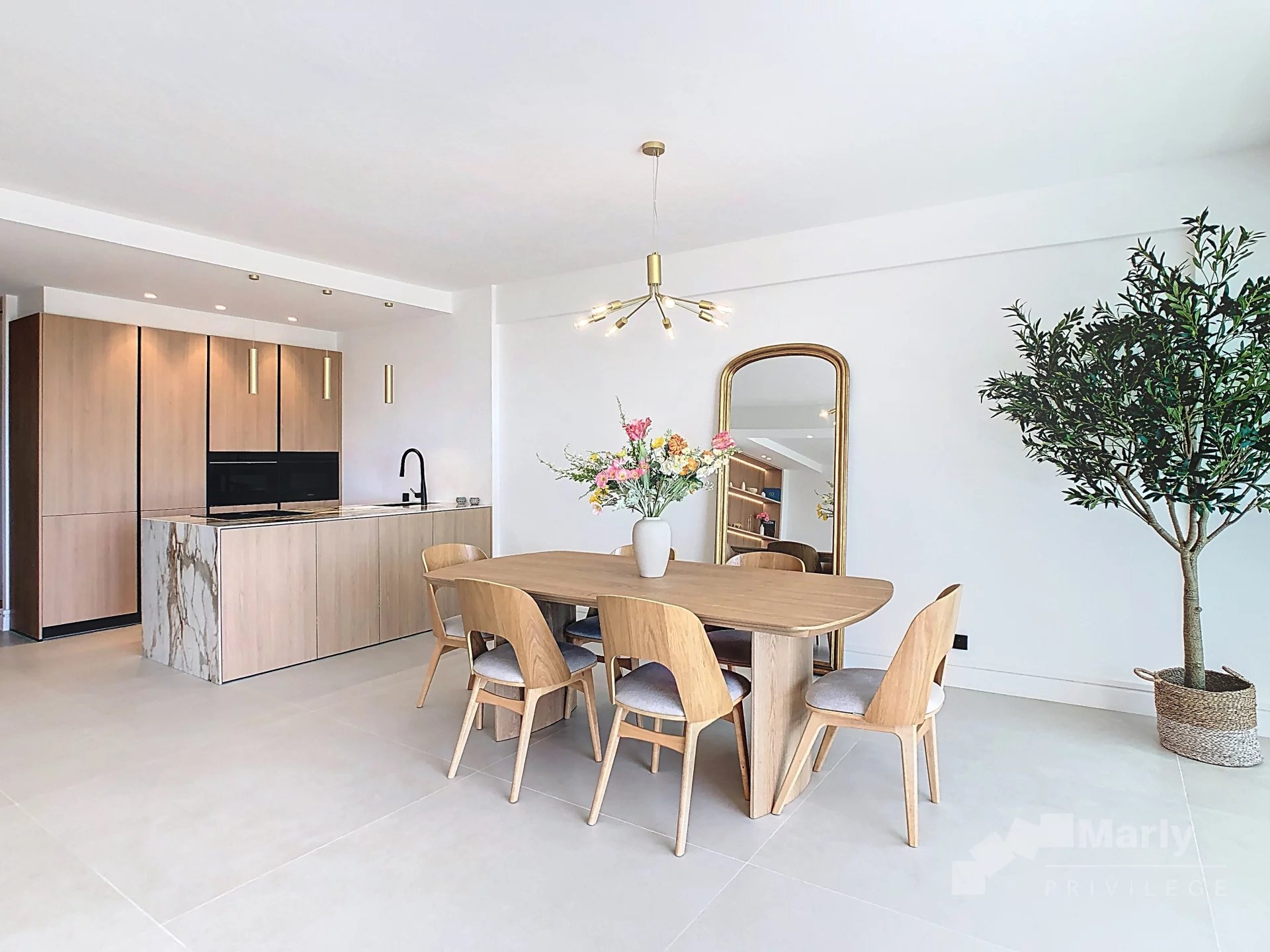 Elegant apartment in Cannes Interior of a modern apartment with dining room and open kitchen, in Cannes.